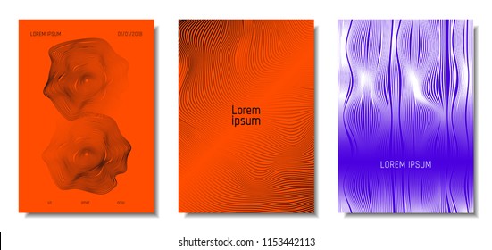 Wave Lines. Abstract Covers with Movement and Distortion Effect. Flowing Striped Background. Trendy Geometric Templates Set . EPS10 Vector Design. 3D Distorted Lines for Brochure, Music Sound Poster.