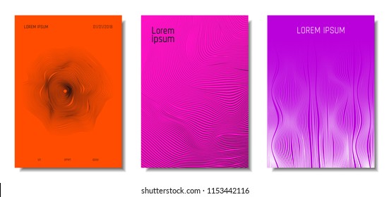 Wave Lines. Abstract Covers with Movement and Distortion Effect. Flowing Striped Background. Trendy Geometric Templates Set . EPS10 Vector Design. 3D Distorted Lines for Brochure, Music Sound Poster.