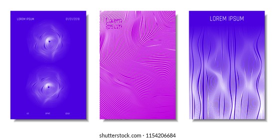 Wave Lines. Abstract Covers with Movement and Distortion Effect. Flowing Striped Background. Trendy Geometric Templates Set . EPS10 Vector Design. 3D Distorted Lines for Brochure, Music Sound Poster.