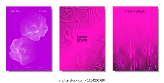 Wave Lines. Abstract Covers with Movement and Distortion Effect. Flowing Striped Background. Trendy Geometric Templates Set . EPS10 Vector Design. 3D Distorted Lines for Brochure, Music Sound Poster.