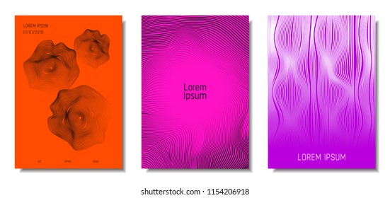 Wave Lines. Abstract Covers with Movement and Distortion Effect. Flowing Striped Background. Trendy Geometric Templates Set . EPS10 Vector Design. 3D Distorted Lines for Brochure, Music Sound Poster.