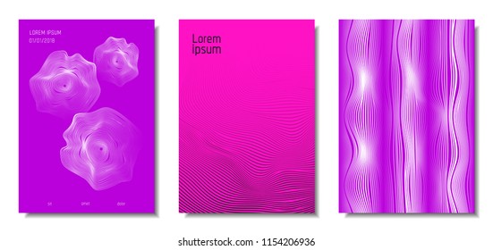 Wave Lines. Abstract Covers with Movement and Distortion Effect. Flowing Striped Background. Trendy Geometric Templates Set . EPS10 Vector Design. 3D Distorted Lines for Brochure, Music Sound Poster.