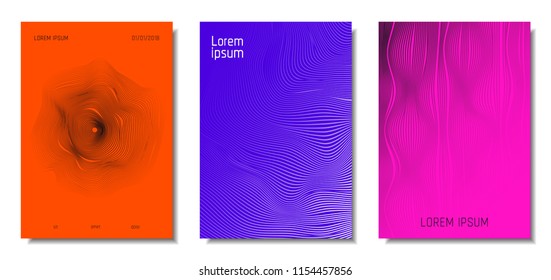 Wave Lines. Abstract Covers with Movement and Distortion Effect. Flowing Striped Background. Trendy Geometric Templates Set . EPS10 Vector Design. 3D Distorted Lines for Brochure, Music Sound Poster.