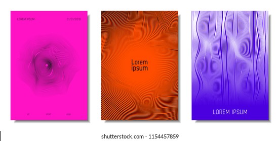 Wave Lines. Abstract Covers with Movement and Distortion Effect. Flowing Striped Background. Trendy Geometric Templates Set . EPS10 Vector Design. 3D Distorted Lines for Brochure, Music Sound Poster.