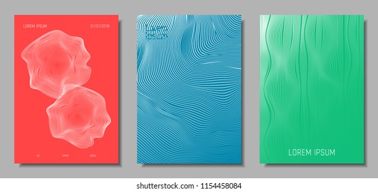Wave Lines. Abstract Covers with Movement and Distortion Effect. Flow Striped Backgrounds. Geometric Templates Set in Pastel Color Design. EPS10 Vector. 3D Wave Abstraction for Brochure, Music Poster.