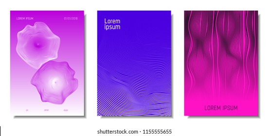 Wave Lines. Abstract Covers with Movement and Distortion Effect. Flowing Striped Background. Trendy Geometric Templates Set . EPS10 Vector Design. 3D Distorted Lines for Brochure, Music Sound Poster.