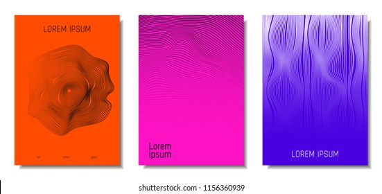 Wave Lines. Abstract Covers with Movement and Distortion Effect. Flowing Striped Background. Trendy Geometric Templates Set . EPS10 Vector Design. 3D Distorted Lines for Brochure, Music Sound Poster.