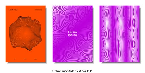 Wave Lines. Abstract Covers with Movement and Distortion Effect. Flowing Striped Background. Trendy Geometric Templates Set . EPS10 Vector Design. 3D Distorted Lines for Brochure, Music Sound Poster.