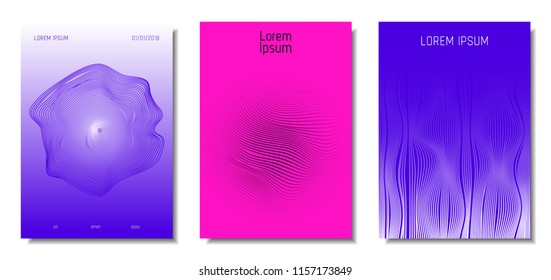 Wave Lines. Abstract Covers with Movement and Distortion Effect. Flowing Striped Background. Trendy Geometric Templates Set . EPS10 Vector Design. 3D Distorted Lines for Brochure, Music Sound Poster.