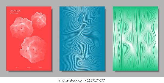 Wave Lines. Abstract Covers with Movement and Distortion Effect. Flow Striped Backgrounds. Geometric Templates Set in Pastel Color Design. EPS10 Vector. 3D Wave Abstraction for Brochure, Music Poster.
