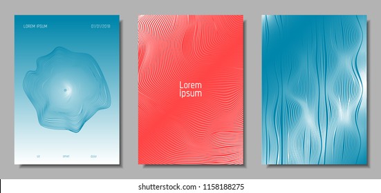 Wave Lines. Abstract Covers with Movement and Distortion Effect. Flow Striped Backgrounds. Geometric Templates Set in Pastel Color Design. EPS10 Vector. 3D Wave Abstraction for Brochure, Music Poster.