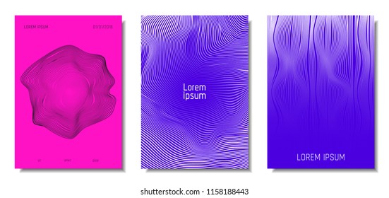 Wave Lines. Abstract Covers with Movement and Distortion Effect. Flowing Striped Background. Trendy Geometric Templates Set . EPS10 Vector Design. 3D Distorted Lines for Brochure, Music Sound Poster.