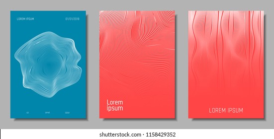 Wave Lines. Abstract Covers with Movement and Distortion Effect. Flow Striped Backgrounds. Geometric Templates Set in Pastel Color Design. EPS10 Vector. 3D Wave Abstraction for Brochure, Music Poster.
