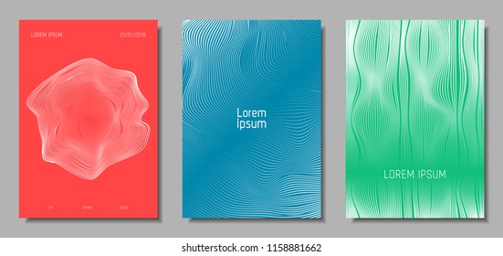 Wave Lines. Abstract Covers with Movement and Distortion Effect. Flow Striped Backgrounds. Geometric Templates Set in Pastel Color Design. EPS10 Vector. 3D Wave Abstraction for Brochure, Music Poster.