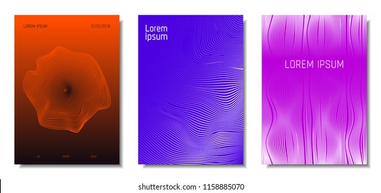 Wave Lines. Abstract Covers with Movement and Distortion Effect. Flowing Striped Background. Trendy Geometric Templates Set . EPS10 Vector Design. 3D Distorted Lines for Brochure, Music Sound Poster.