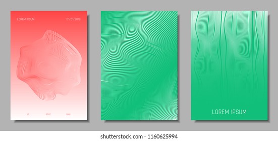 Wave Lines. Abstract Covers with Movement and Distortion Effect. Flow Striped Backgrounds. Geometric Templates Set in Pastel Color Design. EPS10 Vector. 3D Wave Abstraction for Brochure, Music Poster.
