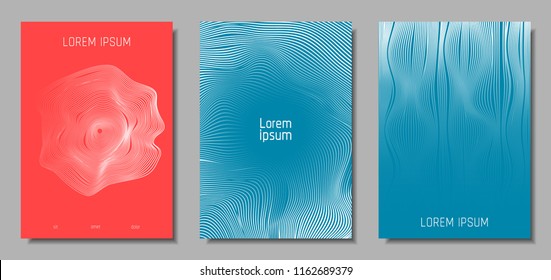 Wave Lines. Abstract Covers with Movement and Distortion Effect. Flow Striped Backgrounds. Geometric Templates Set in Pastel Color Design. EPS10 Vector. 3D Wave Abstraction for Brochure, Music Poster.