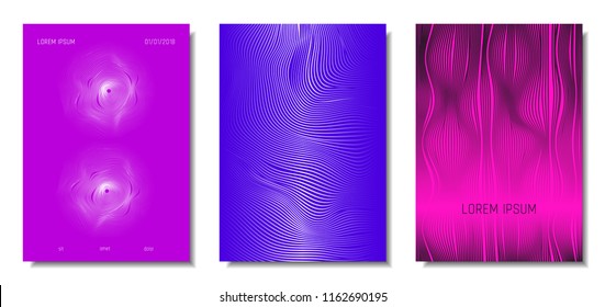 Wave Lines. Abstract Covers with Movement and Distortion Effect. Flowing Striped Background. Trendy Geometric Templates Set . EPS10 Vector Design. 3D Distorted Lines for Brochure, Music Sound Poster.