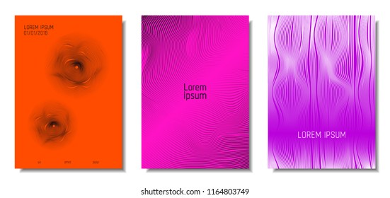 Wave Lines. Abstract Covers with Movement and Distortion Effect. Flowing Striped Background. Trendy Geometric Templates Set . EPS10 Vector Design. 3D Distorted Lines for Brochure, Music Sound Poster.