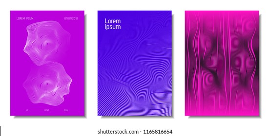 Wave Lines. Abstract Covers with Movement and Distortion Effect. Flowing Striped Background. Trendy Geometric Templates Set . EPS10 Vector Design. 3D Distorted Lines for Brochure, Music Sound Poster.