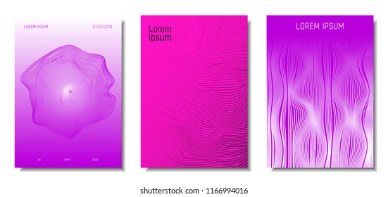 Wave Lines. Abstract Covers with Movement and Distortion Effect. Flowing Striped Background. Trendy Geometric Templates Set . EPS10 Vector Design. 3D Distorted Lines for Brochure, Music Sound Poster.