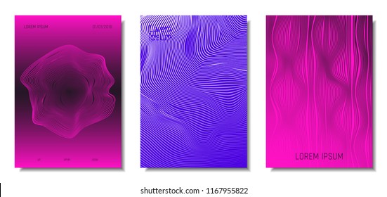 Wave Lines. Abstract Covers with Movement and Distortion Effect. Flowing Striped Background. Trendy Geometric Templates Set . EPS10 Vector Design. 3D Distorted Lines for Brochure, Music Sound Poster.