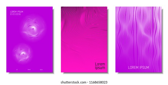 Wave Lines. Abstract Covers with Movement and Distortion Effect. Flowing Striped Background. Trendy Geometric Templates Set . EPS10 Vector Design. 3D Distorted Lines for Brochure, Music Sound Poster.