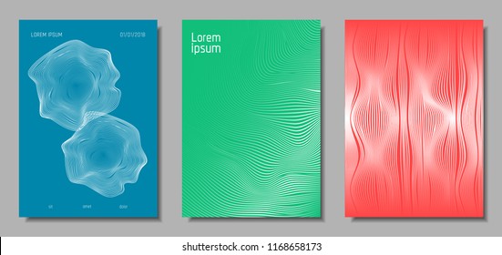Wave Lines. Abstract Covers with Movement and Distortion Effect. Flow Striped Backgrounds. Geometric Templates Set in Pastel Color Design. EPS10 Vector. 3D Wave Abstraction for Brochure, Music Poster.
