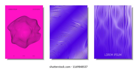 Wave Lines. Abstract Covers with Movement and Distortion Effect. Flowing Striped Background. Trendy Geometric Templates Set . EPS10 Vector Design. 3D Distorted Lines for Brochure, Music Sound Poster.