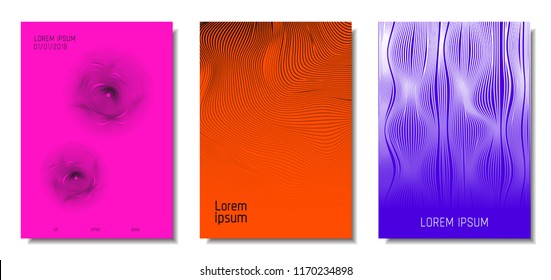 Wave Lines. Abstract Covers with Movement and Distortion Effect. Flowing Striped Background. Trendy Geometric Templates Set . EPS10 Vector Design. 3D Distorted Lines for Brochure, Music Sound Poster.