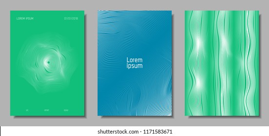 Wave Lines. Abstract Covers with Movement and Distortion Effect. Flow Striped Backgrounds. Geometric Templates Set in Pastel Color Design. EPS10 Vector. 3D Wave Abstraction for Brochure, Music Poster.