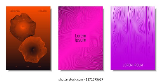 Wave Lines. Abstract Covers with Movement and Distortion Effect. Flowing Striped Background. Trendy Geometric Templates Set . EPS10 Vector Design. 3D Distorted Lines for Brochure, Music Sound Poster.