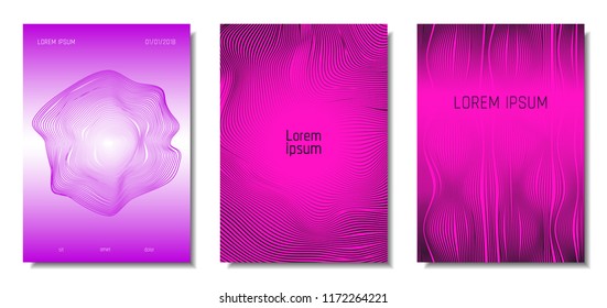 Wave Lines. Abstract Covers with Movement and Distortion Effect. Flowing Striped Background. Trendy Geometric Templates Set . EPS10 Vector Design. 3D Distorted Lines for Brochure, Music Sound Poster.