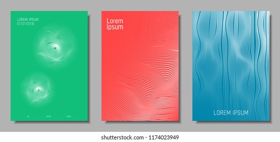 Wave Lines. Abstract Covers with Movement and Distortion Effect. Flow Striped Backgrounds. Geometric Templates Set in Pastel Color Design. EPS10 Vector. 3D Wave Abstraction for Brochure, Music Poster.