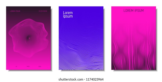 Wave Lines. Abstract Covers with Movement and Distortion Effect. Flowing Striped Background. Trendy Geometric Templates Set . EPS10 Vector Design. 3D Distorted Lines for Brochure, Music Sound Poster.