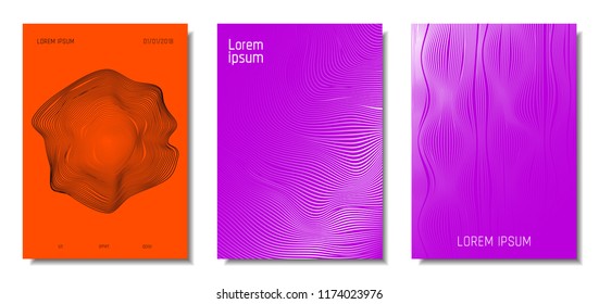 Wave Lines. Abstract Covers with Movement and Distortion Effect. Flowing Striped Background. Trendy Geometric Templates Set . EPS10 Vector Design. 3D Distorted Lines for Brochure, Music Sound Poster.