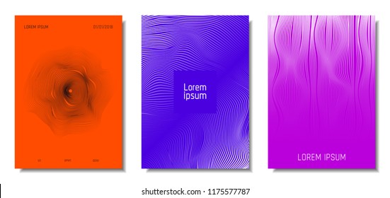 Wave Lines. Abstract Covers with Movement and Distortion Effect. Flowing Striped Background. Trendy Geometric Templates Set . EPS10 Vector Design. 3D Distorted Lines for Brochure, Music Sound Poster.