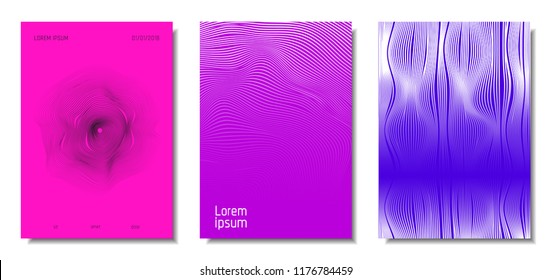 Wave Lines. Abstract Covers with Movement and Distortion Effect. Flowing Striped Background. Trendy Geometric Templates Set . EPS10 Vector Design. 3D Distorted Lines for Brochure, Music Sound Poster.