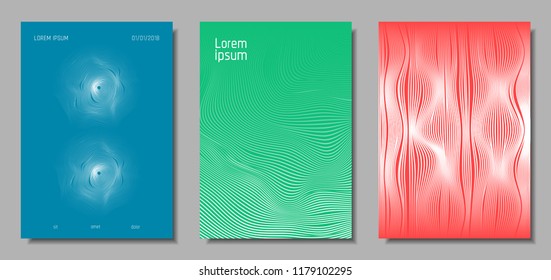 Wave Lines. Abstract Covers with Movement and Distortion Effect. Flow Striped Backgrounds. Geometric Templates Set in Pastel Color Design. EPS10 Vector. 3D Wave Abstraction for Brochure, Music Poster.