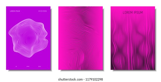 Wave Lines. Abstract Covers with Movement and Distortion Effect. Flowing Striped Background. Trendy Geometric Templates Set . EPS10 Vector Design. 3D Distorted Lines for Brochure, Music Sound Poster.