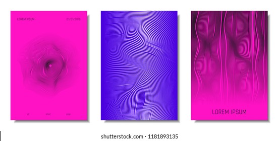 Wave Lines. Abstract Covers with Movement and Distortion Effect. Flowing Striped Background. Trendy Geometric Templates Set . EPS10 Vector Design. 3D Distorted Lines for Brochure, Music Sound Poster.