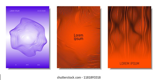 Wave Lines. Abstract Covers with Movement and Distortion Effect. Flowing Striped Background. Trendy Geometric Templates Set . EPS10 Vector Design. 3D Distorted Lines for Brochure, Music Sound Poster.