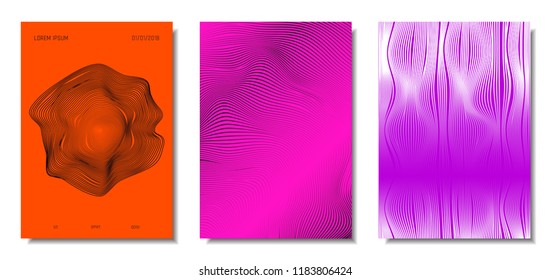 Wave Lines. Abstract Covers with Movement and Distortion Effect. Flowing Striped Background. Trendy Geometric Templates Set . EPS10 Vector Design. 3D Distorted Lines for Brochure, Music Sound Poster.