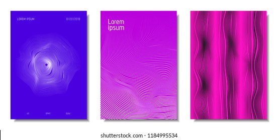 Wave Lines. Abstract Covers with Movement and Distortion Effect. Flowing Striped Background. Trendy Geometric Templates Set . EPS10 Vector Design. 3D Distorted Lines for Brochure, Music Sound Poster.