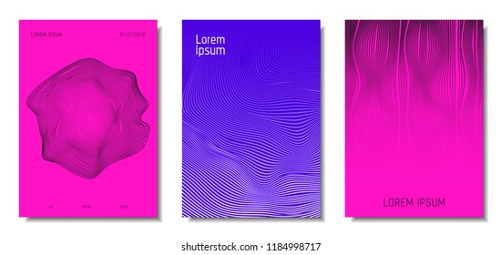 Wave Lines. Abstract Covers with Movement and Distortion Effect. Flowing Striped Background. Trendy Geometric Templates Set . EPS10 Vector Design. 3D Distorted Lines for Brochure, Music Sound Poster.