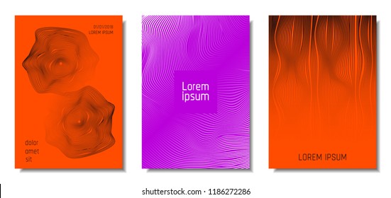 Wave Lines. Abstract Covers with Movement and Distortion Effect. Flowing Striped Background. Trendy Geometric Templates Set . EPS10 Vector Design. 3D Distorted Lines for Brochure, Music Sound Poster.