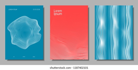 Wave Lines. Abstract Covers with Movement and Distortion Effect. Flow Striped Backgrounds. Geometric Templates Set in Pastel Color Design. EPS10 Vector. 3D Wave Abstraction for Brochure, Music Poster.