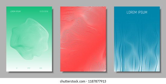 Wave Lines. Abstract Covers with Movement and Distortion Effect. Flow Striped Backgrounds. Geometric Templates Set in Pastel Color Design. EPS10 Vector. 3D Wave Abstraction for Brochure, Music Poster.