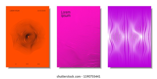 Wave Lines. Abstract Covers with Movement and Distortion Effect. Flowing Striped Background. Trendy Geometric Templates Set . EPS10 Vector Design. 3D Distorted Lines for Brochure, Music Sound Poster.