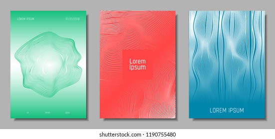 Wave Lines. Abstract Covers with Movement and Distortion Effect. Flow Striped Backgrounds. Geometric Templates Set in Pastel Color Design. EPS10 Vector. 3D Wave Abstraction for Brochure, Music Poster.